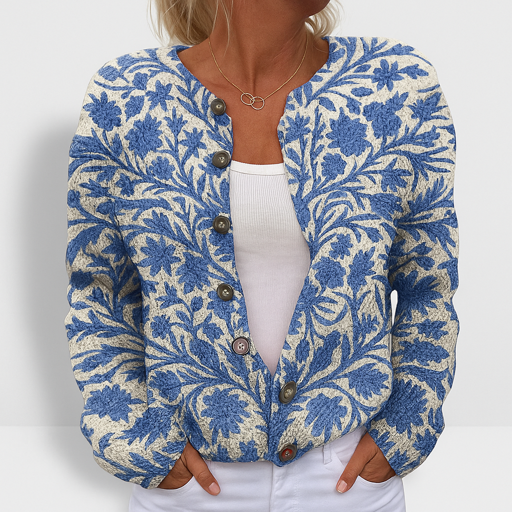 Suéter cardigan de mujer Vibes Madrid con estampado de flores y corte versátil, perfecto para estilos casuales y elegantes.