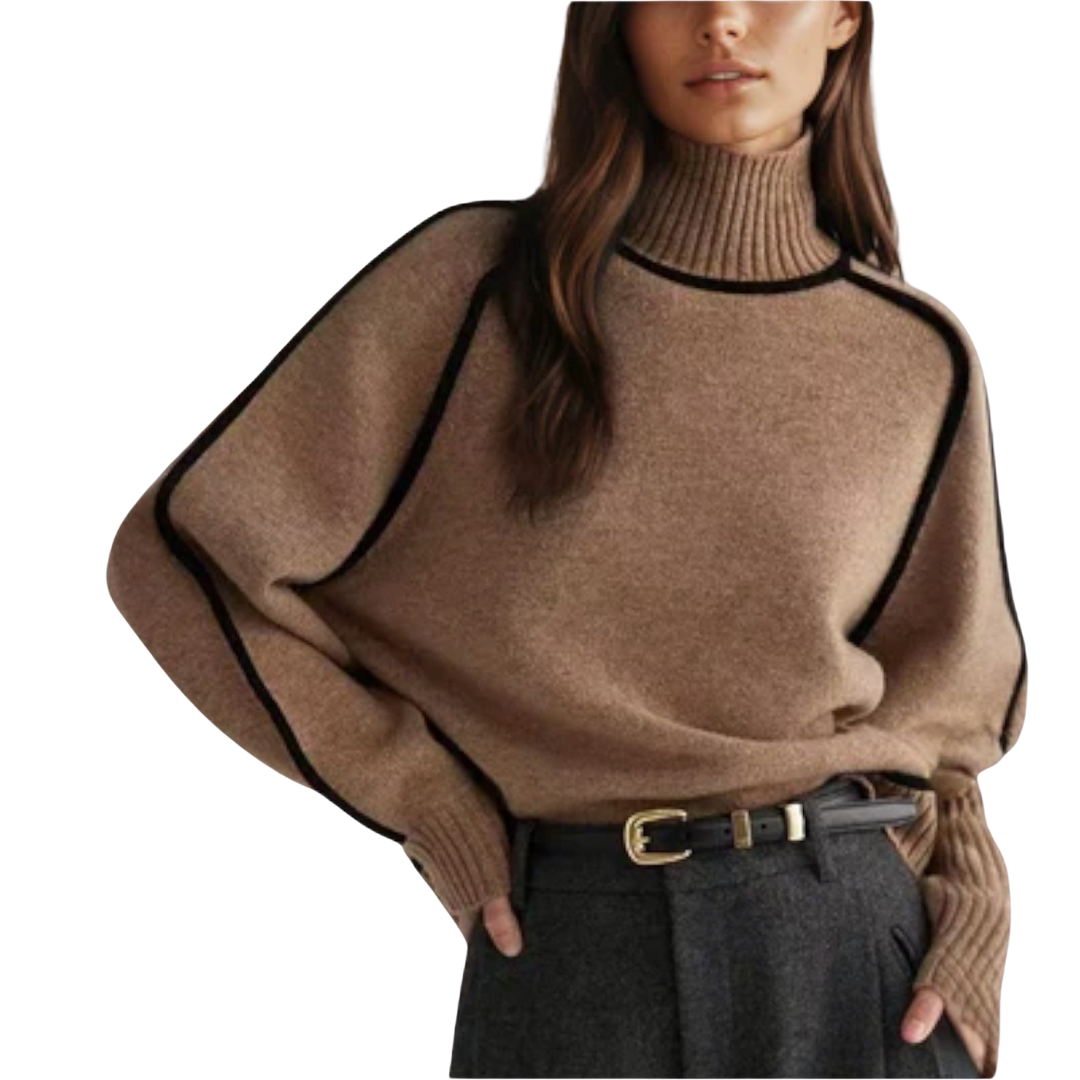 Suéter de mujer Vibes Madrid Briela con cuello alto, de estilo ajustado y tejido suave en color neutro.