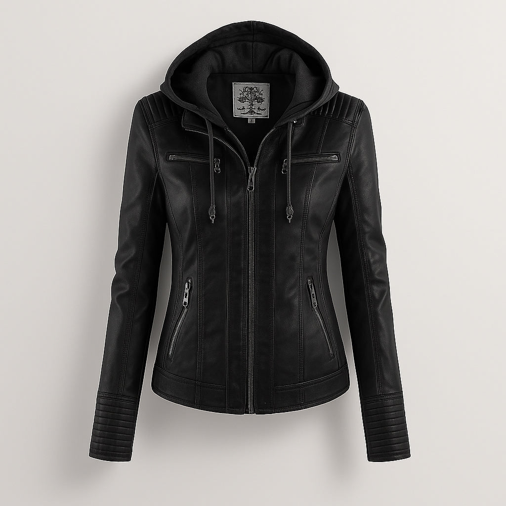 Chaqueta de cuero resistente a la intemperie para mujer Vibes Madrid, estilo robusto y elegante, en color negro.