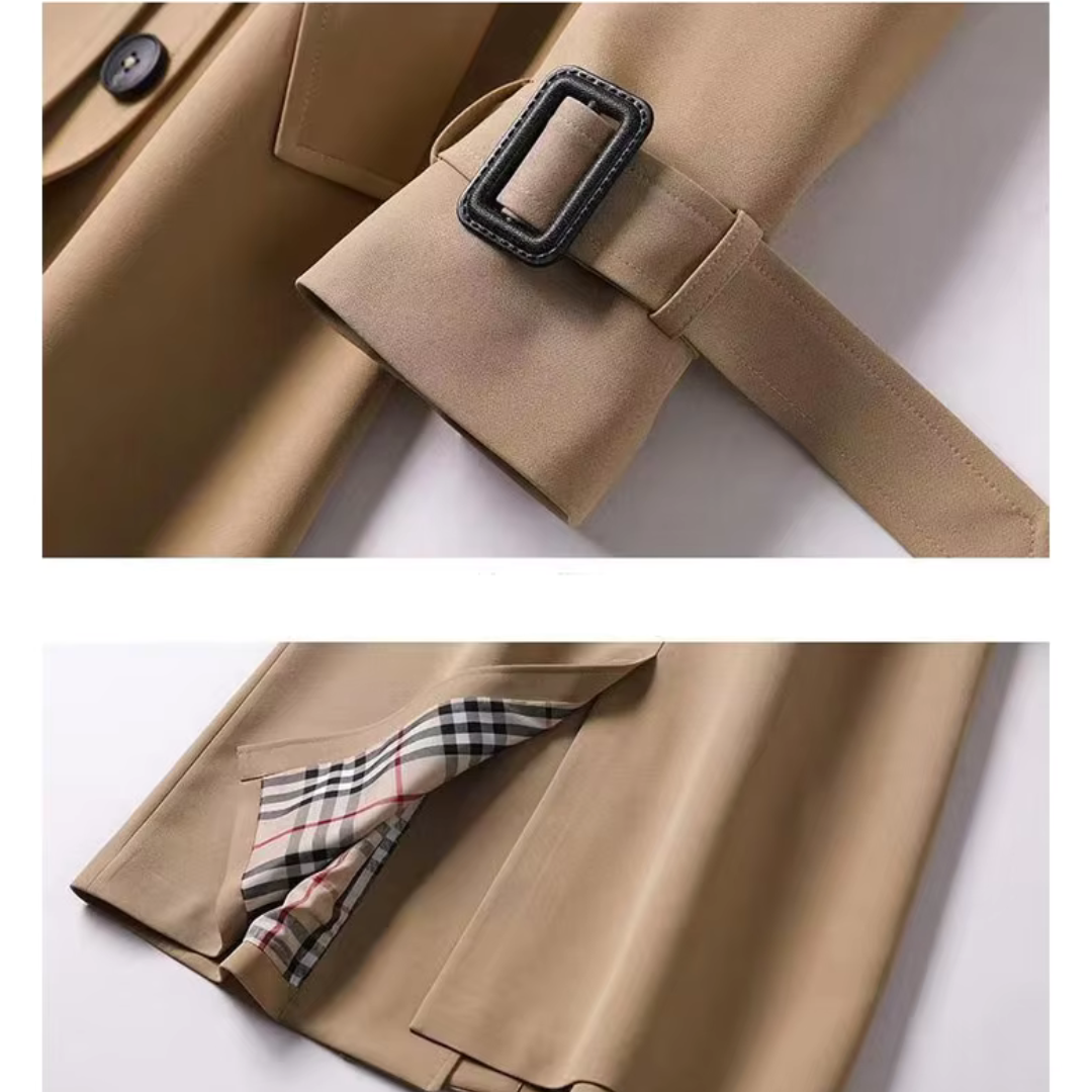 Abrigo trench atemporal Bianca de Vibes Madrid, con diseño clásico y corte elegante en color neutro.